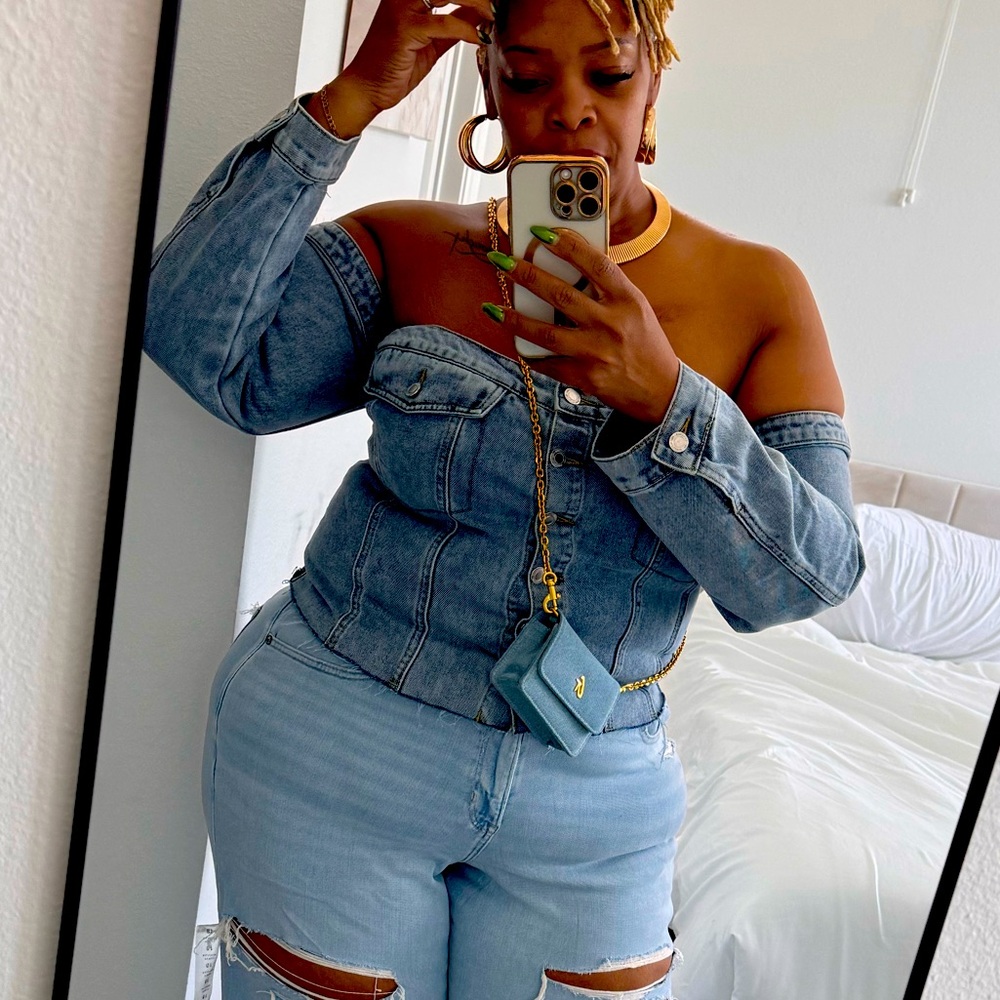 Plus Light Blue Wash Button Up Bardot Denim Corset